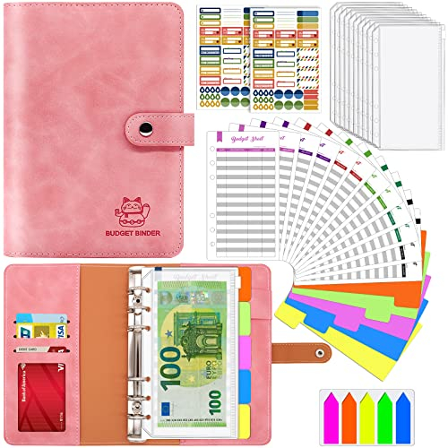 Feuilles de Budget Planner, Enveloppe Budget, Carnet Enveloppe Budget avec Pochette PVC Zippées, Classeur A6 Budget, Organisateur Budget avec Stickers, Fermeture Boucle Magnétique (Rose)