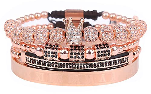 HYHONEY 4 Pcs/set Rose Gold Mens Bracelet Beaded Bracelets Micro Pave Zircon Crown King Bracelets For Men Women Bracelets For Men Stainless Steel Cuff Bangle