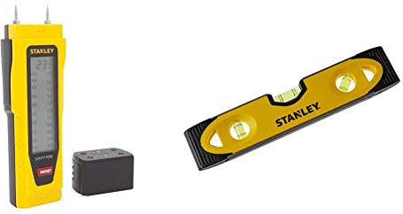 STANLEY Moisture Meter with Two Detection Pins and LCD Screen Includes 4 x AAA Batteries 0-77-030 & Shock Proof Torpedo Level 230 mm/9 Inch 0-43-511