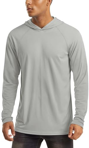 MAGCOMSEN T-shirt à manches longues pour homme - Protection UV UPF 50+ - Avec capuche - Rashguard - Séchage rapide - Avec trou pour les pouces, gris clair, L