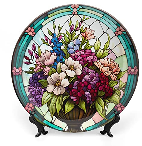 Gokays Piatti decorativi, in vetro colorato, bouquet di fiori, in ceramica, con supporto per la casa decorazione da appendere alla parete, per soggiorno, sala da pranzo, cucina, 2 casa, 25 cm