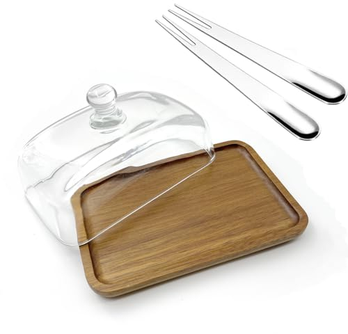 1 soporte rectangular de madera para tartas con cúpula de cristal, soporte pequeño para tartas con campana de vidrio transparente, bandeja de servidor de exhibición de pasteles para cocina, fiestas de