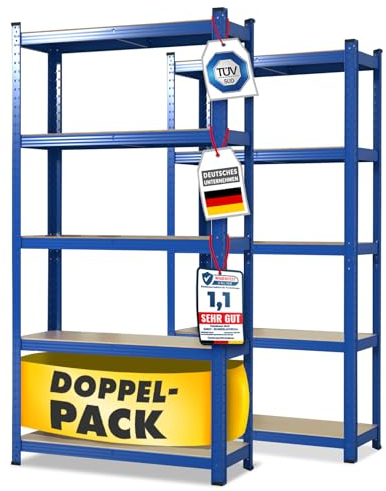 KARAT Schwerlastregal, 2er Set, 30 x 75 x 150 cm Steckregal, Kellerregal, Lagerregal - 5 verstellbare Böden (Blau)