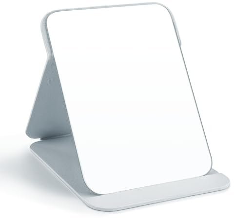 WISYOK Espejo de Mesa, Espejo de Viaje Plegable con Varios ángulos de Apoyo, Espejo Plegable con Piel sintética Blanca PU, Espejo de Maquillaje Super HD, Espejo de Mano, Espejo Compacto - 25x18 cm