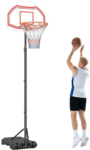 HOMCOM Canestro Basket ad Altezza Regolabile con Base Riempibile e 2 Ruote, Canestro da Basket in Acciaio, PE e HDPE, 70x45x258-314cm, Rosso