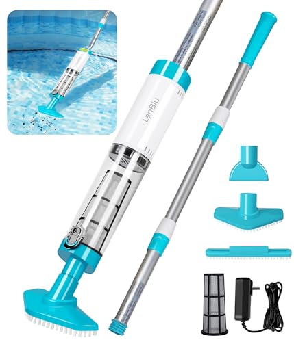 LanBlu Aspiratore Piscina Fuori Terra, Aspirapolvere per Piscina Autonomia Fino a 90 Min, Manuale Aspiratore Piscina a Batteria con Potente Aspirazione, Aspirapolvere Senza Fili per Piscina Spa