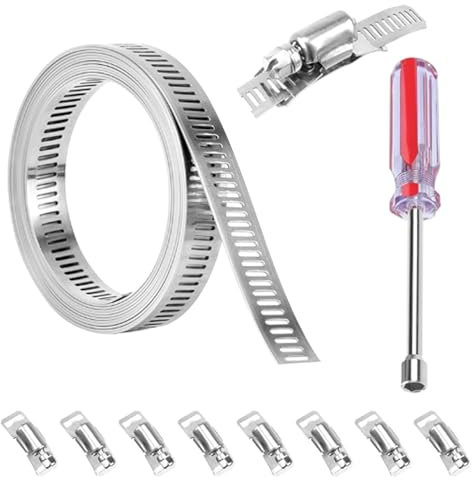 CLEK 8Pcs Hose Clamps Kit, 2.5m/6ft Adjustable Stainless Steel Hose Clamp with 8 Fasteners & 8mm Screwdriver, Jubilee Style Hose Clips & Pipe Clips Assorted for Plumbing, Fuel Line & Tubes