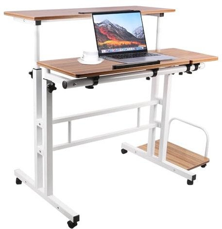 homewell Bord, datorbord med 6 hjul, ståsäte kontorsbord, bordsskiva lutbar, stående skrivbord justerbar höjd, PC-bord litet för hemmakontor, (80 + 22) x 60 cm