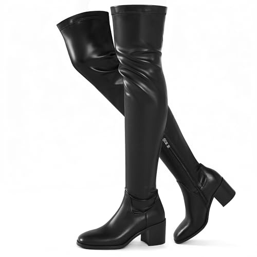 Voviggiw Black Thigh High Boots for Women Chunky Heel Over The Knee High Boots Comfortable Long Stretch Boots Side Zipper Black 37