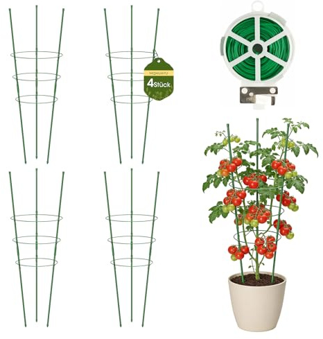 MQHUAYU Supporto per Pomodori 90 cm 4 Pezzi, Supporto Metallico Regolabile con 3 Anelli, Gabbia per Piante Rampicanti e Fiori, Struttura Resistente, Verde