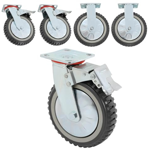 Ruedas para cargas pesadas de 200 mm, juego de 4 ruedas con freno y ruedas fijas, giratorias 360°, ruedas de transporte para muebles para muchos tipos de suelo, ruedas giratorias para equipos