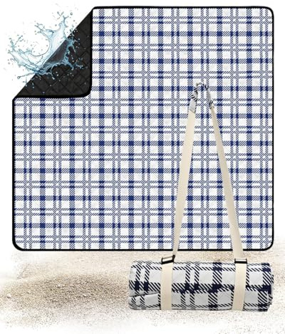 Hingue Picknickdecke 200x200 cm, Sandfest Stranddecke Wasserdicht Campingdecke, Waschbar Leichtgewicht mit Tragegriff für Outdoor, Camping, Krabbeldecke & Familienpicknick, Blau-Weiß kariert