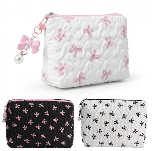 3 PCS Small Makeup Bag for Handbag Set, Cute Travel Cosmetic Pouch with Bow Pattern, Portable Toiletry Organizer for Women & Girls, Cosmetic Bag for Daily Outings & Home Storage (Black+White+Pink)