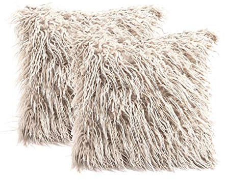 3C Collection Set di 2 Federe Cuscino Peloso Beige 45 x 45 cm, Copricuscini Pelliccia Moderni Decorativi per Divano Letto con Cerniera