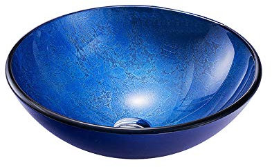 Lavabo de Cristal, Lavabo de Vidrio Templado Ronda Lavabo sobre Instalación en Encimera Lavabo sobre para Baño, 420mm*420mm*145mm*12mm,Sea Blue