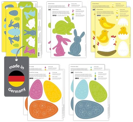 Familienmomente Prickelmotive Pasqua (2 lanterne a vento pasquale, 2 conigli, 2 uova blu, 2 uova arancioni, 2 pulcini) DIN A5
