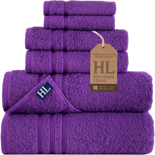 Hammam Linen Lila Badetücher Set 6 teilig Original türkische Baumwolle Weiches, saugfähiges und hochwertiges Handtuch für Bad und Küche 2 Badetücher, 2 Handtücher, 2 Waschlappen