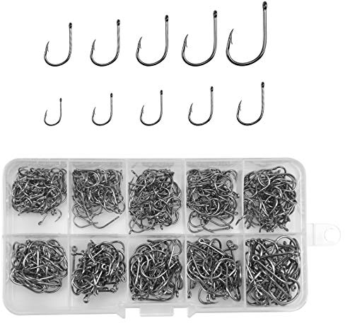 500 Stück Kohlenstoffstahl Angelhaken Set - Angeln Haken mit Widerhaken Karpfenkreishaken mit Aufbewahrungsbox, Angelhaken mit Öse für Süßwasser Salzwasser Angelzubehör (3#-12#)