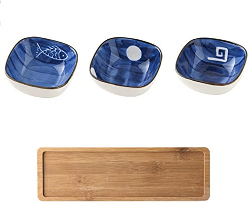 Set da 4 pezzi piattino in ceramica con vassoio,scodella per contorno, piatto da dessert quadrato sottosmalto in stile giapponese,piatto da immersione e ciotola per snack per condimenti (Blue)