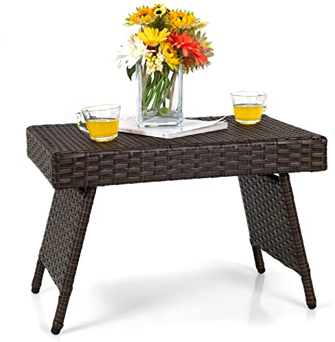 GIANTEX Mesa Auxiliar Plegable de Ratán para Exterior, 60 x 40 x 40 cm, Mesita de Café Portátil con Tabla de PVC y Estructura de Metal, Carga hasta 45 kg, Mesa para Jardín, Balcón, Terraza (Marrón)