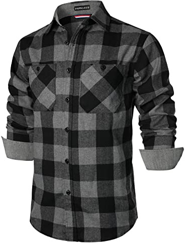 PARKLEES Chemises en polaire à carreaux classiques élégantes coupe droite décontractée à manches longues boutonnées avec poche pour hommes, Noir/gris, S