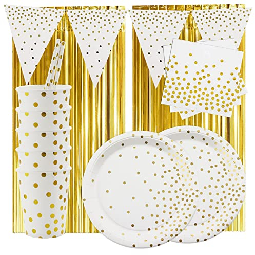 LASE C9 129pcs Vajilla Desechable De Cumpleaños Para 30 Personas. Incluye Platos, Vasos, Servilletas, Pajitas Y Guirnalda. Decoración de Cumpleaños Elegante para Adultos. (Lunares Dorados)