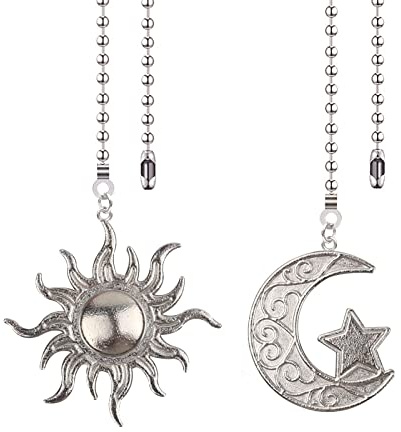 Dotlite Silver Ceiling Fan Pull Chain, 12 Inches Totem Bohemia Pendant Extension Decorative, 3mm Beaded Ball Chain Extender Ornament with Connector Moon and Sun (2Pack)