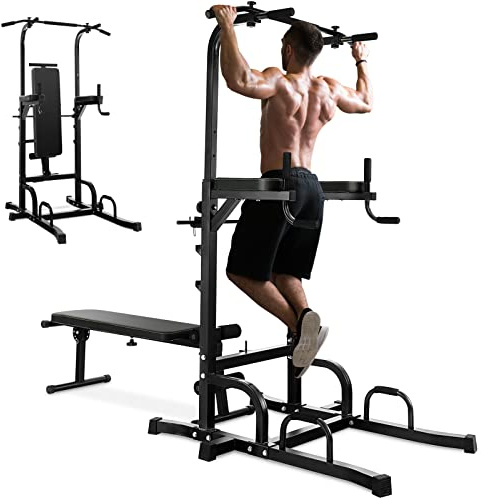 COSTWAY Power Tower Multifunzionale e Regolabile, Sbarra per Trazioni con Panca Pieghevole Regolabile in Altezza, Attrezzatura Fitness per Allenamento Completo del Corpo, Portata 250 kg