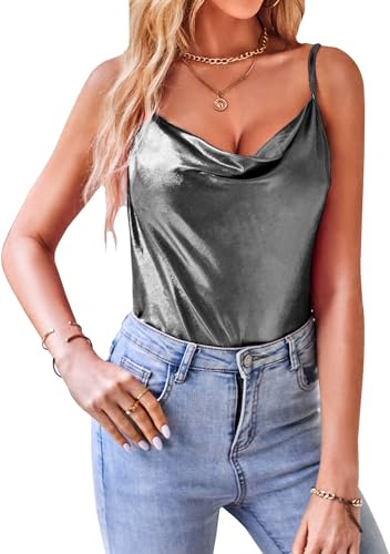 VIDUSSA Top scintillante da donna con collo ad anello glitterato top con spalline sottili canotta camicetta, Grigio argento, M