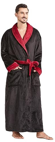 FashGudim Batas de Hombre Grandes y Altas de Felpa Larga y Espaciosa para Hombres Bata de Baño con Cuello Chal Abrigada para el Invierno (Negro y Borgoña, XXXL)