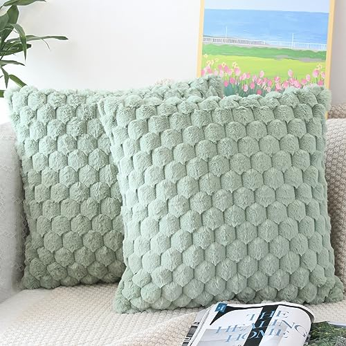 NIULAA Flauschig Kissenbezug 40x40 Salbei Grün 2er Set Plüsch Deko Kissenbezüge Weich Gestreift Kissenhülle Luxus Pelz Dekokissen Sofakissen Zierkissen Kuschelig Kissen Bezüge Wohnzimmer Sofa