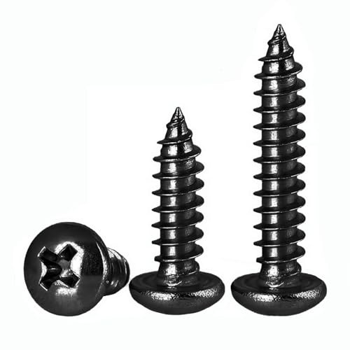 FandWay 100Pcs Self Tapping Screws Black,M4 Wood Screws Assortment,Round Head Self Drilling Screw,Pan Head Sheet Metal Screw Phillips Drive for DIY WoodWork Repairs.