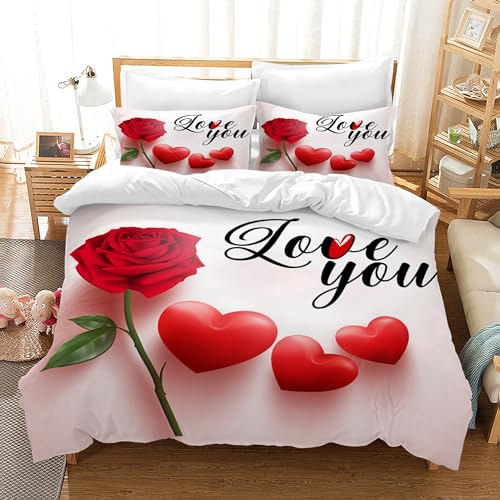 HZVRTN Set biancheria da letto 3D Rosso Rosa con cerniera e 2 federe, biancheria da letto in microfibra con rose creative, set 3 pezzi per adulti e bambini (Rose con amore, 220x240cm)