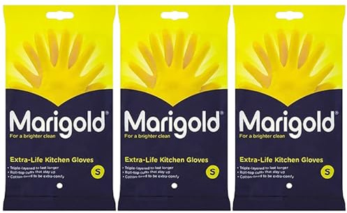 Welari Marigold 3 x 1pair Extra Life Kitchen Rubber Gloves Thank You Card Size S Small Cotton Lined Strong Triple Layered Multipurpose Cleaning (3pair) (3pack)