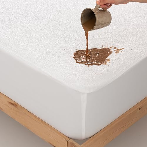 Protector de colchón Rizo Impermeable, Transpirable y Anti Ácaros. Sábana Bajera. Fabricado en España. Medidas: 160x190/200, Altura Ajustable 30 cms con Goma elástica en el Contorno.