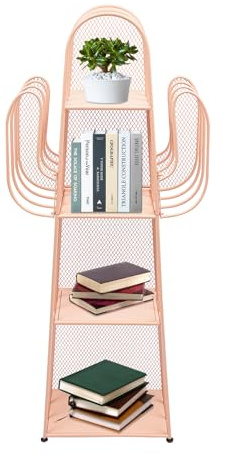 KONGKUNI 4-Tier Ladder Bookshelf, Cactus Freestanding Bookcase Storage Rack Metal Display Rack, Corner Bookshelf for Small Spaces, Multifunctional Display Stand for Bedroom Home Office (Pink)