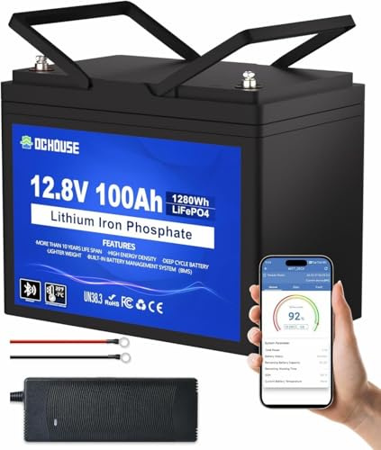 DCHOUSE Litiumbatteri LiFePO4 12V 100Ah, förbättrad 100A BMS, med 10A laddare, upp till 15000 cykler, 1280Wh, perfekt för husbil, solpaneler, husvagn, båt, camping och elnätsoberoende system
