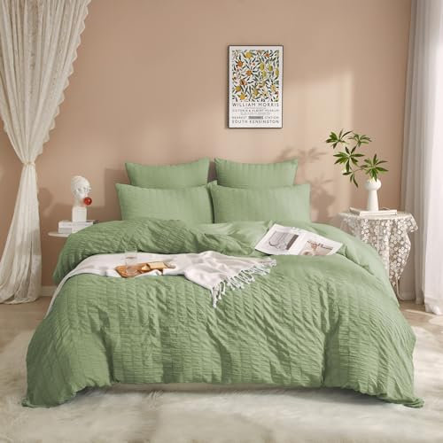 Luowei Seersucker Ropa de cama de 135 x 200 cm, diseño de rayas de verano, con textura, funda nórdica de 2 piezas con funda de almohada de 80 x 80 cm, ligera y suave, transpirable, con certificado