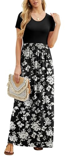 GRECERELLE Womens Maxi Dress Summer Casual Ladies Short Sleeve Crew Neck Long Dresses with Pocket for Daily, Holiday, Travel, Maternity (Black White Flower, M)