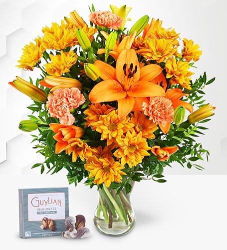 Elegancia Naranja con Chocolates - Ramo de Flores – Regalo Fresco para Cumpleaños o Día de la Madre – Arreglo de Lujo con Entrega al Día Siguiente – Sorpresa Elegante para Ella