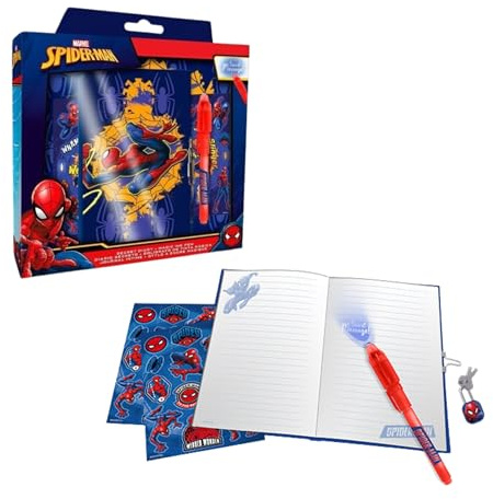 Disney Marvel Spider-Man Stationery Set, Includes Secret Diary, Pen, Sticker and Padlock with Keys, Gift Writing Paper Set for Boys, multicoloured