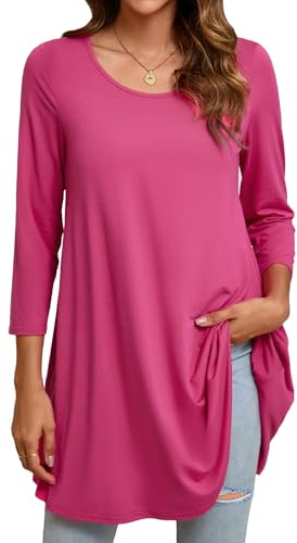 Enmain Magliette Donna Maniche Lunghe Tunica Manica 3/4 Bluse Elegante Colore Solido Casual Maglietta Lunga Collo Rotondo T-Shirt Rosa XXL
