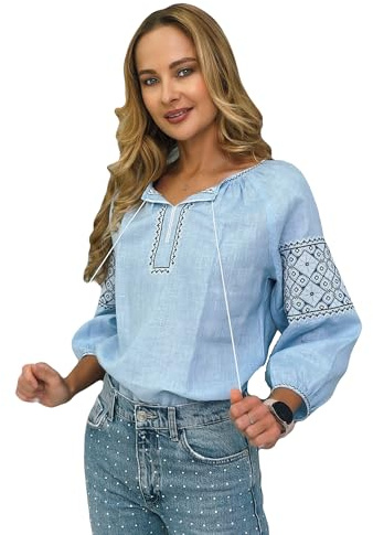 Vyshyvanka in lino blu da donna con ricamo blu e bianco | camicetta tradizionale ucraina a maniche lunghe abbigliamento etnico, Blu, S