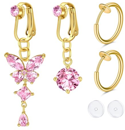 Incaton Fake Bauchnabelpiercing Clip – Chirurgenstahl CZ Kristall Schmuck (Silber/Gold) | Schmetterling Anhänger mit Langem | Bauchnabel-Piercing ohne Stechen