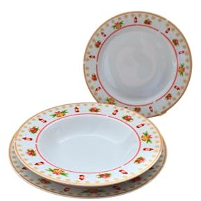 Omniacasa Servizio di Piatti di Natale in Porcellana Resistente per 6 Persone: 18 Pezzi, Decorazioni con Lanterne e Campane, Rosso, Bianco e Oro, Adatto: Lavastoviglie e Microonde.