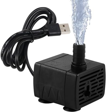 Pompe a Eau USB 5W 180L/H Mini Pompe Aquarium, Pompe Bassin Ajustable, Pompe à Eau Submersible pour Fontaines Étang Jardins