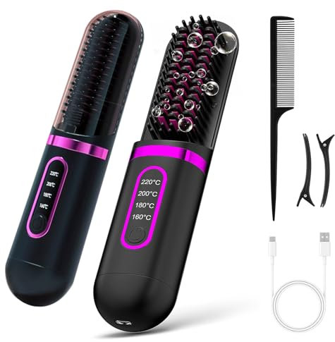 Glättbürste Verbrühungsschutz Glätteisen, Kabellose Glättbürste, 20s Schneller Keramikerwärmung, 4 Temp Einstellungen, 160°C-220°C, Mini Haarglätter Bürste Tragbare Glätteisen für Reise, Schwarz