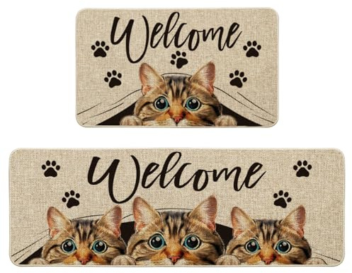 Artoid Mode Juego de 2 alfombras de cocina con diseño de gato de bienvenida con ojos grandes, lavables para decoración interior y exterior, 43 x 73 y 43 x 118 cm