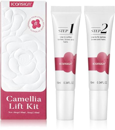 ICONSIGN Kit de permanente y fijación de pestañas con extracto de camelia con loción permanente hipoalergénica de alta capacidad para resultados de calidad de salón en casa