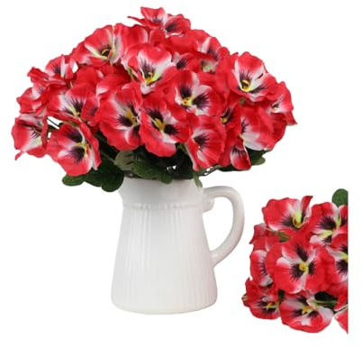 Xshelley 10 Bundles Artificial Pansies Flowers Outdoor UV Resistant Silk Wild Chrysanthemum for Windowsill Box Porch Home Garden Wedding Farmhouse Decoration (Red)